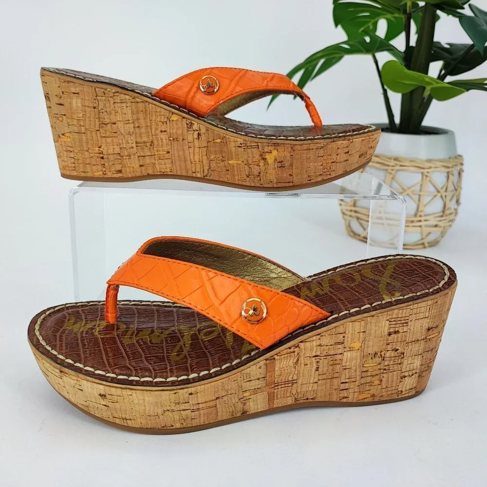 Sam Edelman Women's Romy Orange Leather Wedge Sandals Size 6.5M